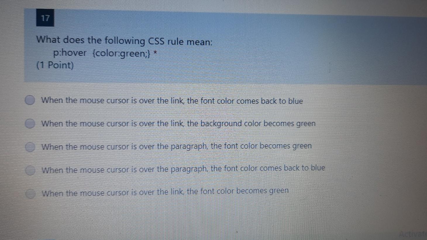 Solved 17 What does the following CSS rule mean: p:hover | Chegg.com