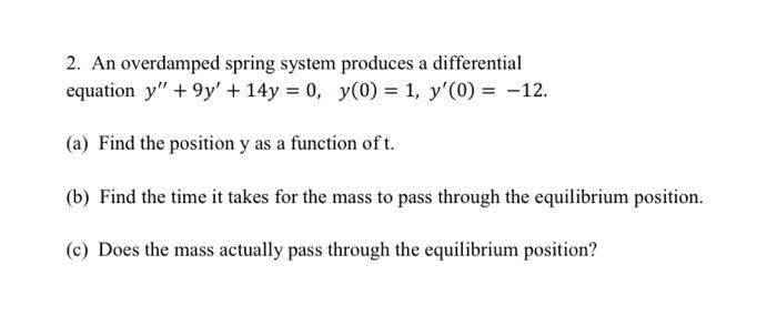 Solved 2. An overdamped spring system produces a | Chegg.com