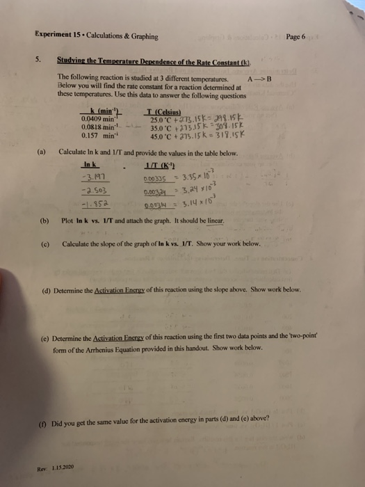 Solved Experiment 15. Calculations & Graphing Page 6 | Chegg.com