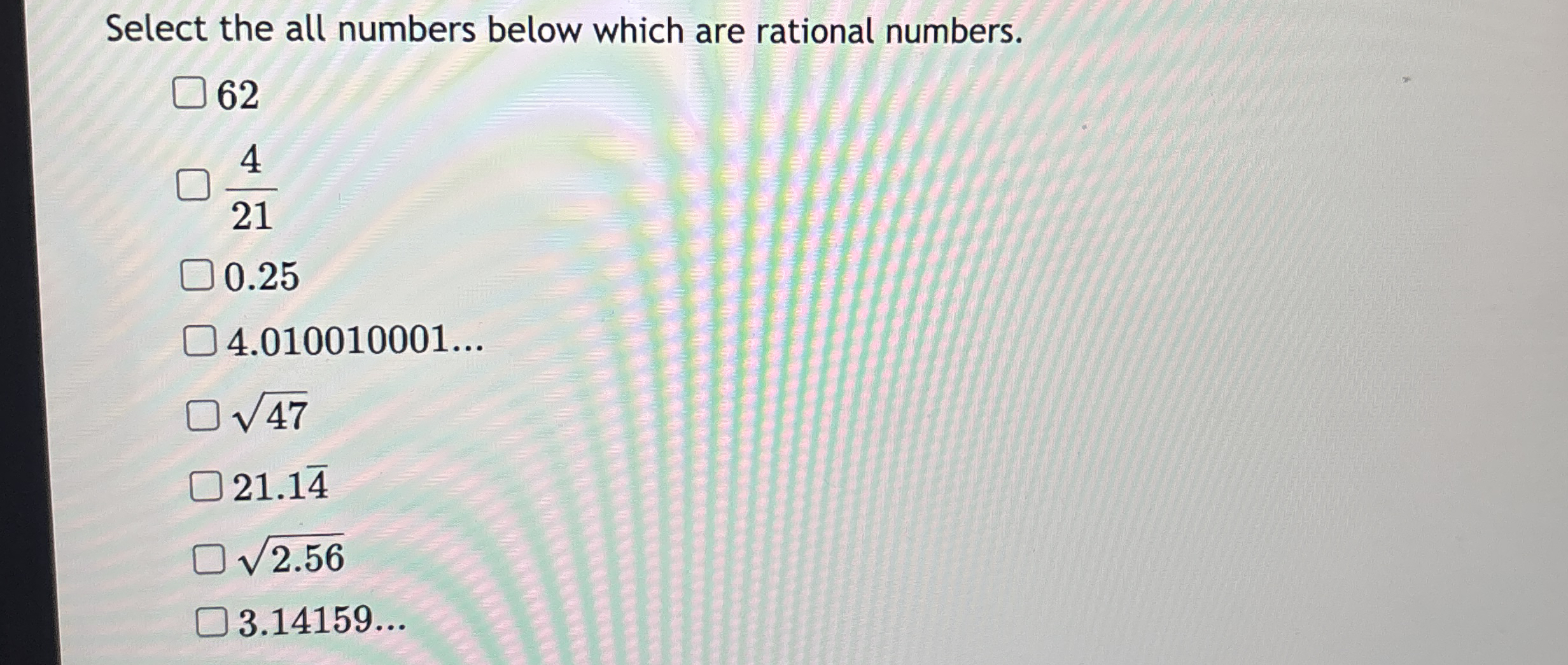 Solved Select the all numbers below which are rational | Chegg.com