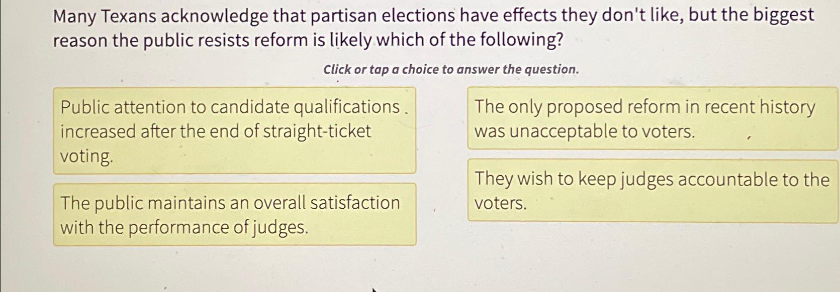 Solved Many Texans Acknowledge That Partisan Elections Have | Chegg.com