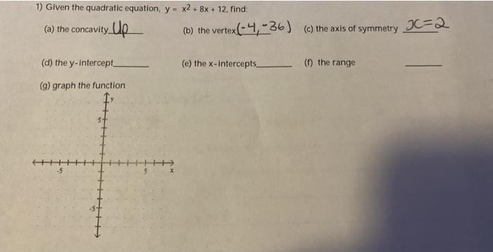 Solved 1 Given The Quadratic Equation Y X2 8x 12 Chegg Com