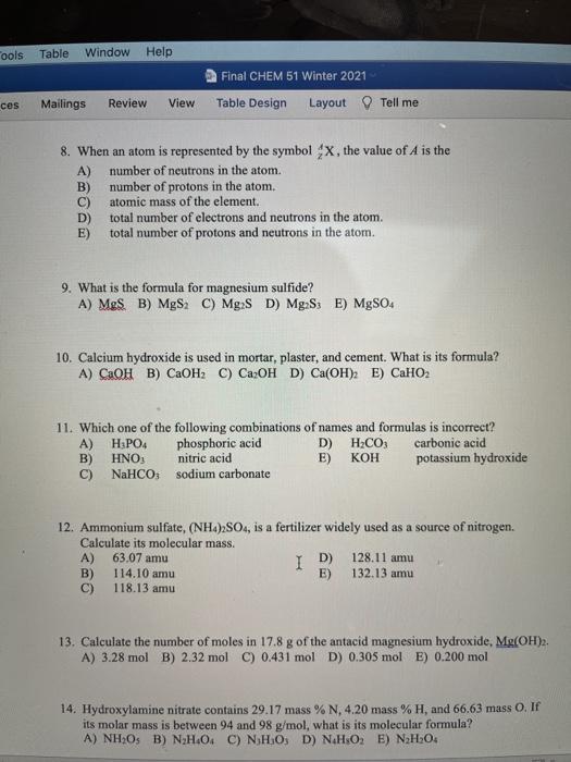 Solved Mat Tools Table Window Help Final Chem 51 Winter 2 Chegg Com