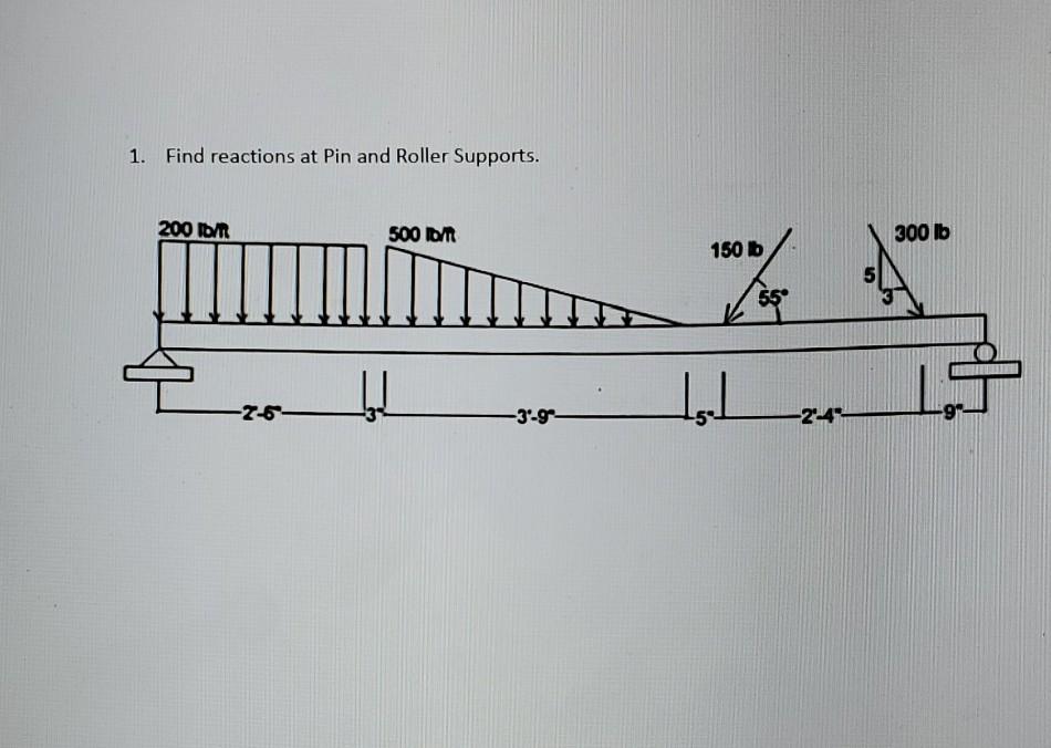 Solved 1. Find reactions at Pin and Roller Supports. 200 | Chegg.com