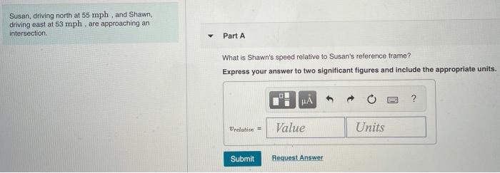 Solved Susan, driving north at 55 mph, and Shawn, driving | Chegg.com