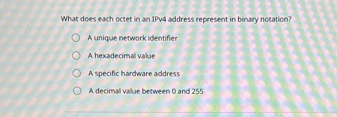 Solved What does each octet in an IPv4 ﻿address represent in | Chegg.com
