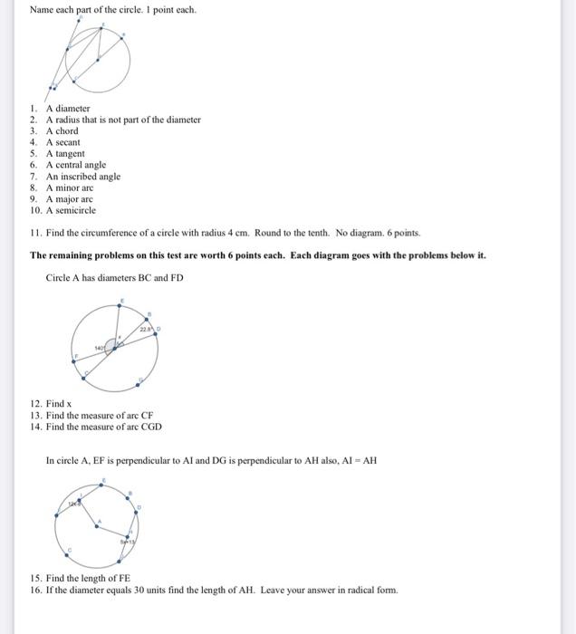 circle worksheets chord diameter radius