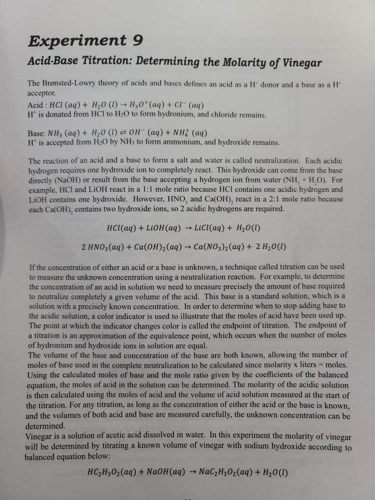 Solved Experiment 9 AcidBase Titration Determining the