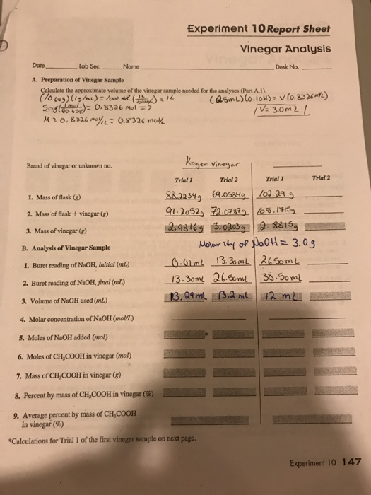 Experiment 10 Report Sheet Vinegar Analysis Date Lab Chegg 