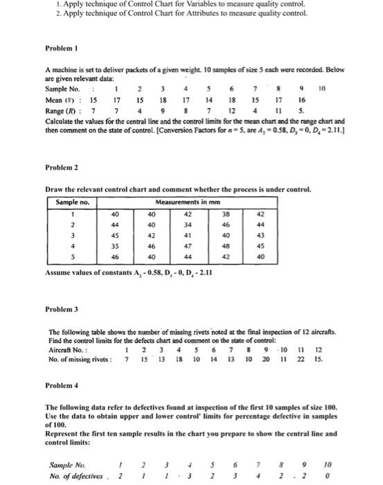 Solved 1. Apply technique of Control Chart for Variables to | Chegg.com