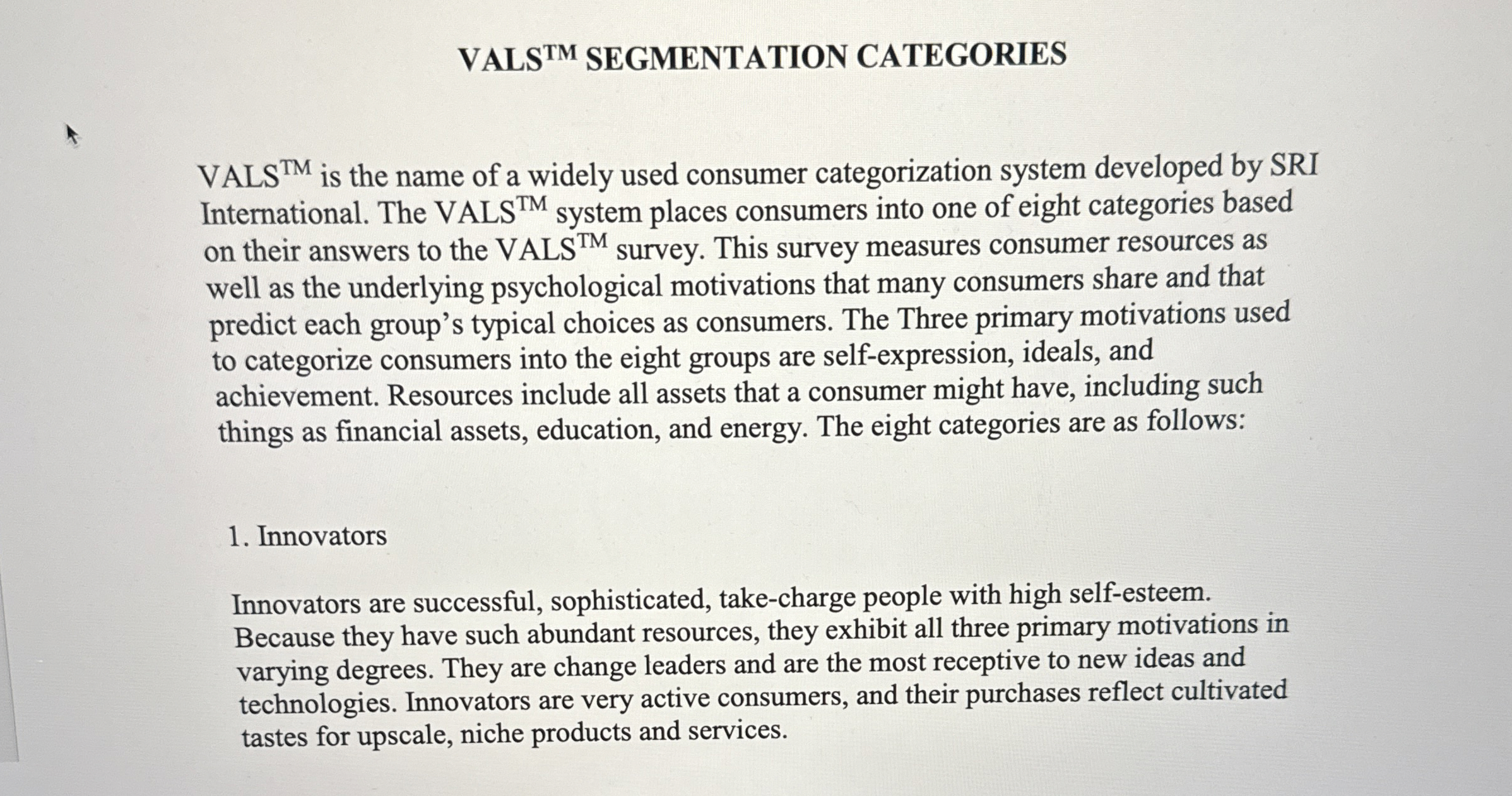 Solved VALS ?TM ﻿SEGMENTATION CATEGORIESVALS ?TM ﻿is the | Chegg.com