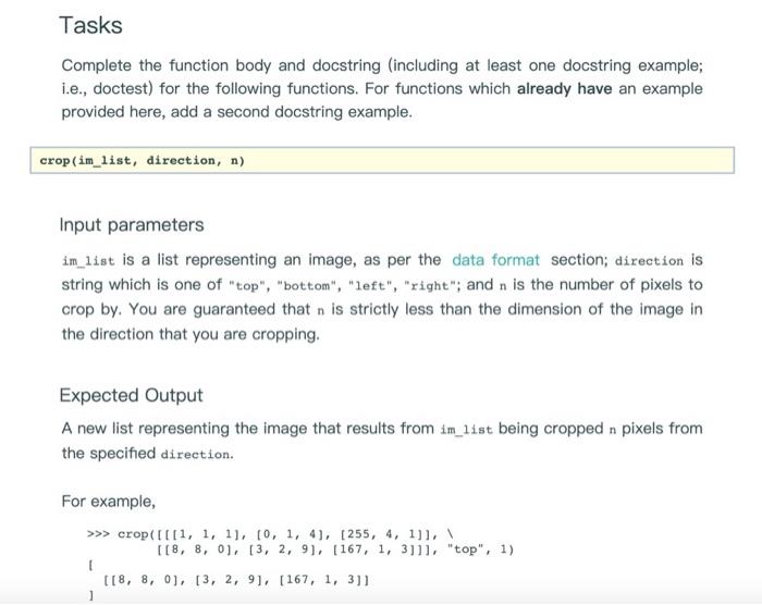 Solved Tasks Complete the function body and docstring | Chegg.com