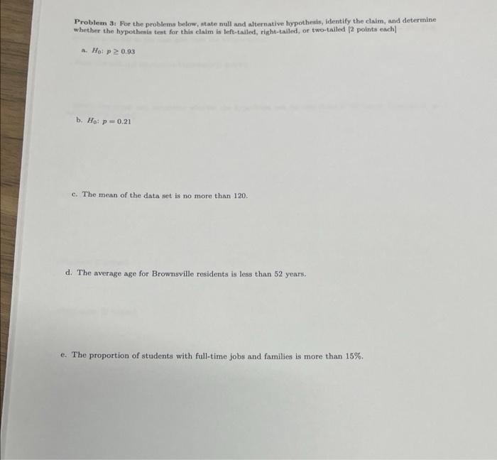 Solved Problem 8: For the probleme below, state null and | Chegg.com