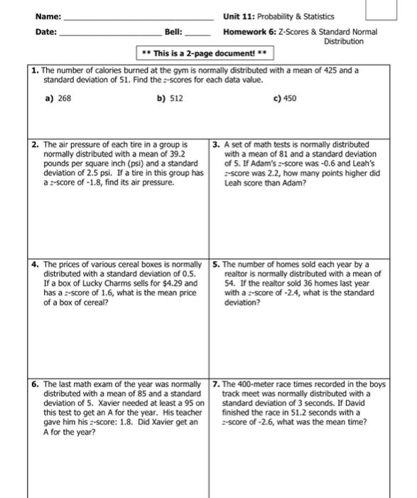 unit data and statistics homework 6 answer key