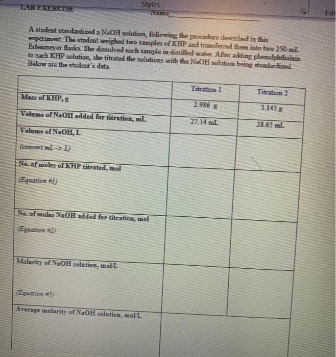 Solved Standardizing A Sodium Hydroxide Solution The Chegg Com