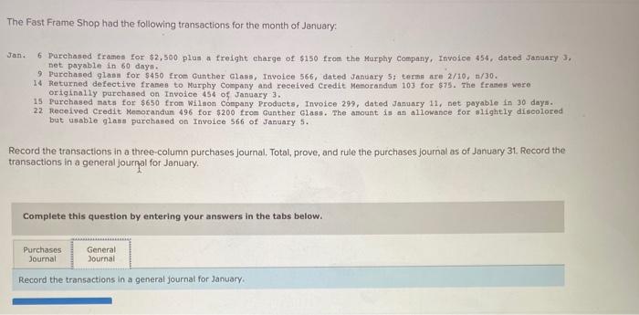 Solved The Fast Frame Shop had the following transactions | Chegg.com