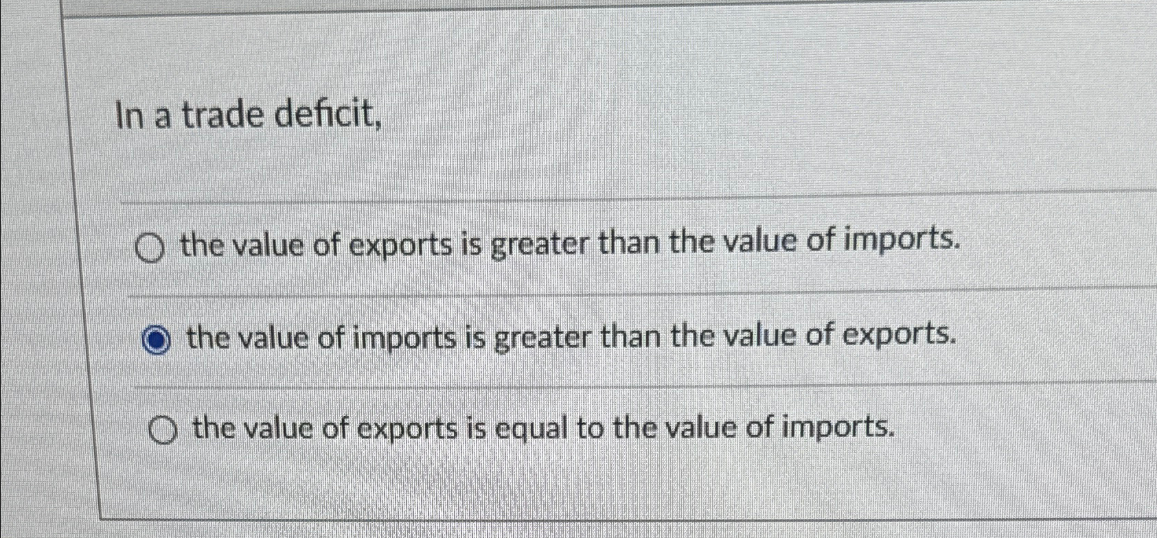 Solved In a trade deficit,the value of exports is greater | Chegg.com