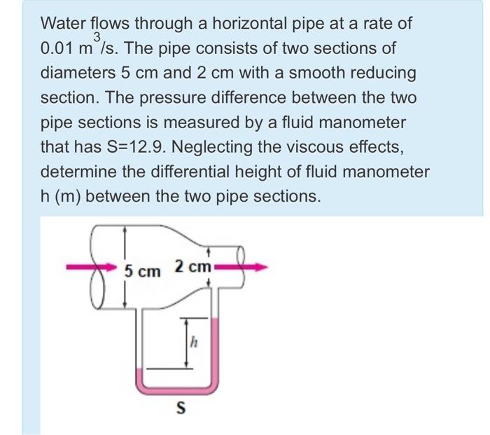 Solved Water flows through a horizontal pipe at a rate of 3 | Chegg.com