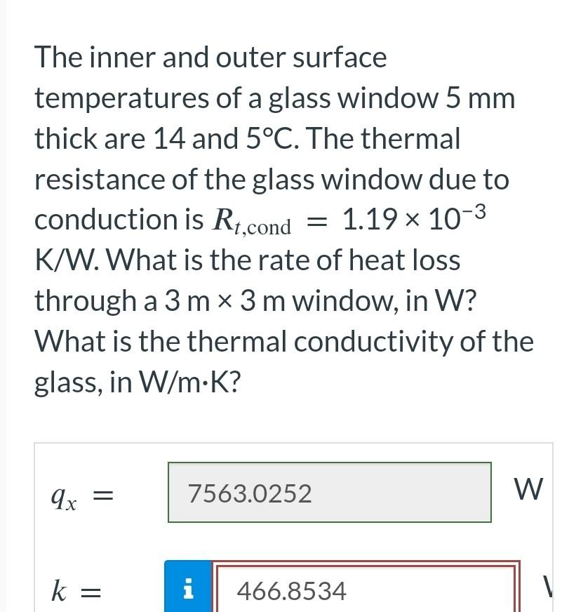 Solved The inner and outer surface temperatures of a glass | Chegg.com