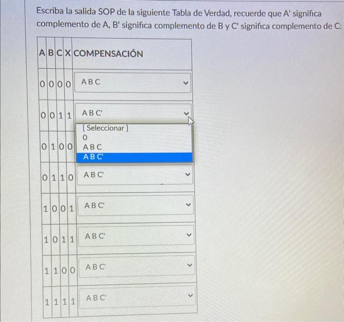 Escriba la salida SOP de la siguiente Tabla de Verdad, recuerde que Asignifica complemento de A, B significa complemento de