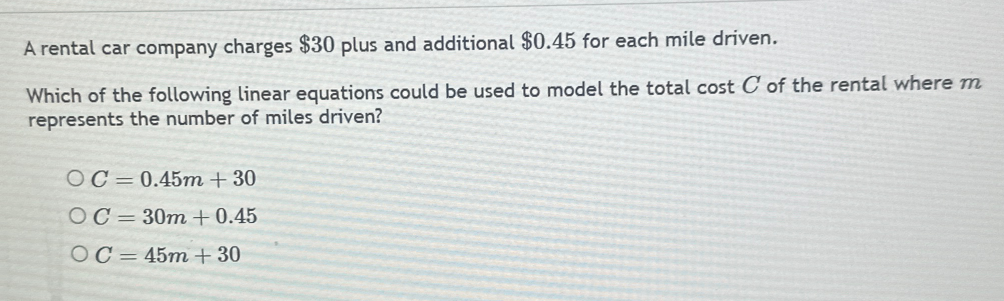 Solved A rental car company charges $30 ﻿plus and additional | Chegg.com