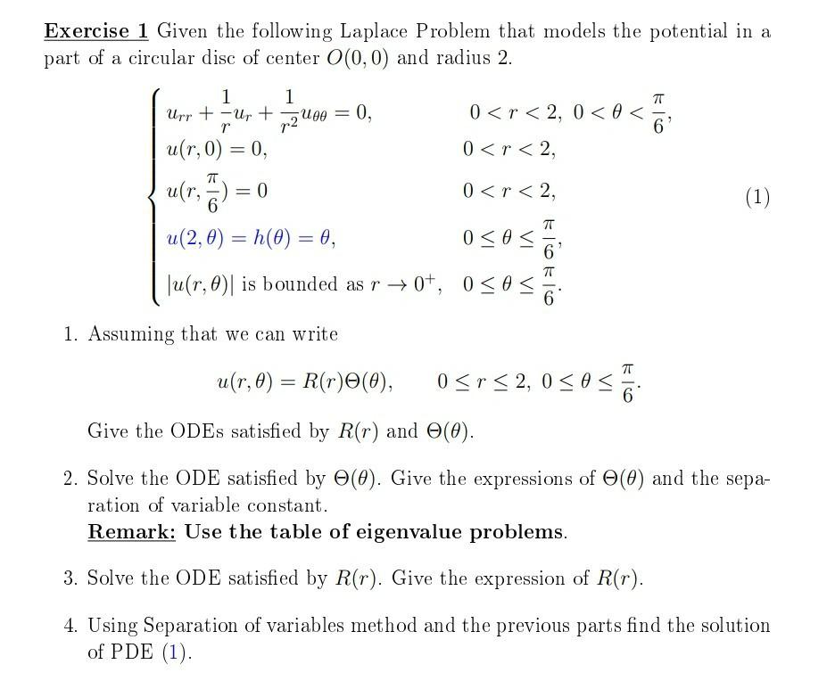 Solved Exercise 1 Given The Following Laplace Problem That | Chegg.com