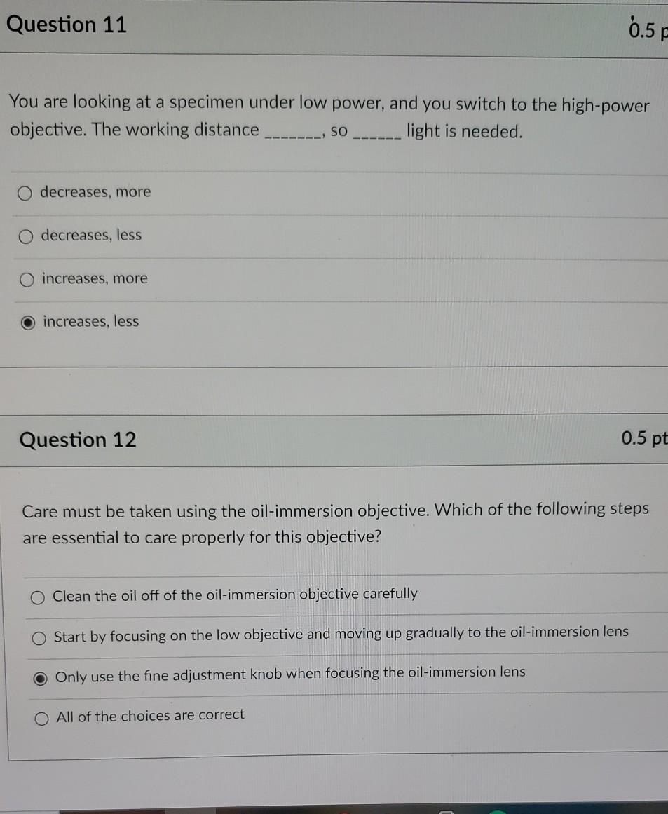 Solved Question 11 0.5 You are looking at a specimen under | Chegg.com