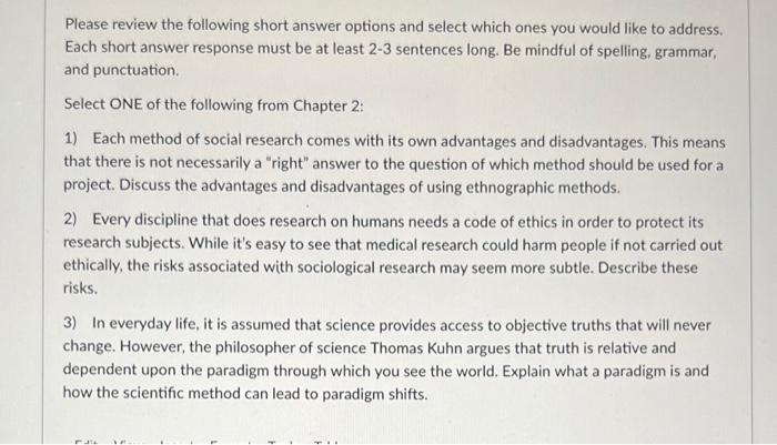 Please review the following short answer options and | Chegg.com