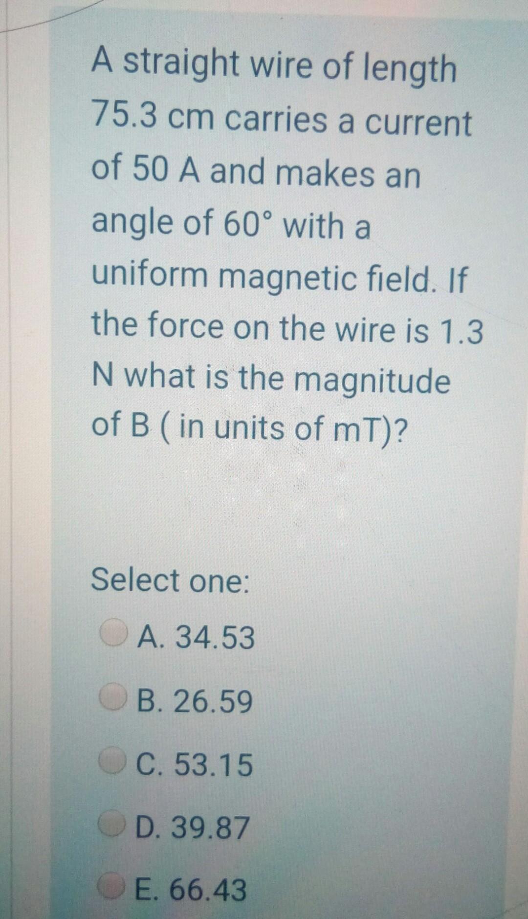 Solved A straight wire of length 75.3 cm carries a current | Chegg.com