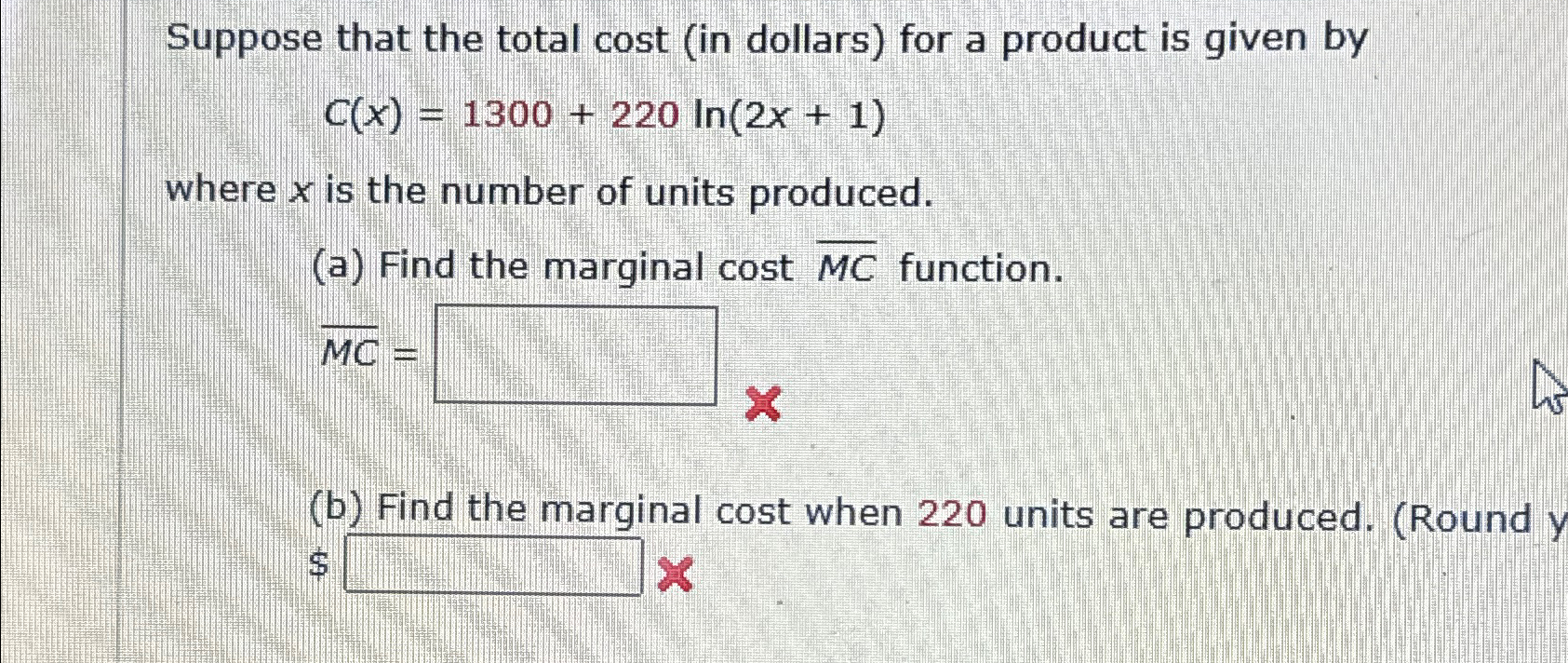 Solved Suppose that the total cost (in dollars) ﻿for a | Chegg.com