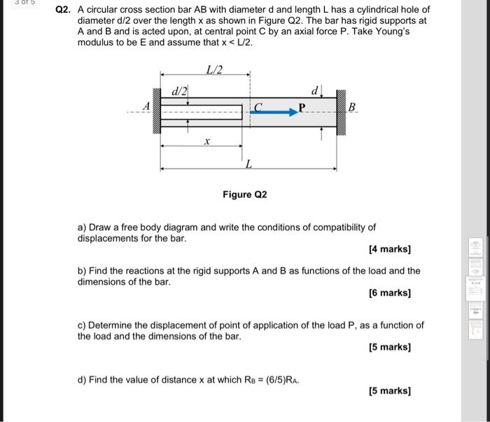 Q2. A circular cross section bar \( A B \) with diameter \( d \) and length \( L \) has a cylindrical hole of diameter \( \ma