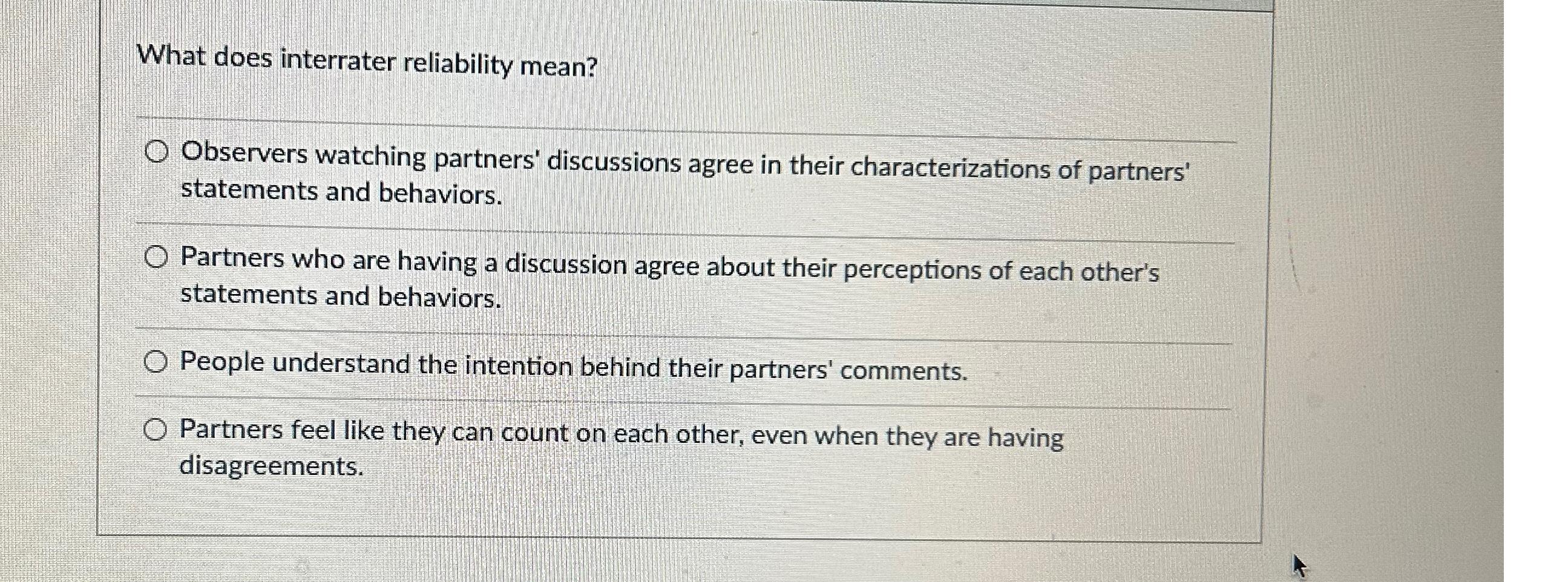 Solved What does interrater reliability mean?Observers | Chegg.com