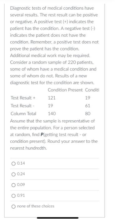 Solved Diagnostic tests of medical conditions have several | Chegg.com