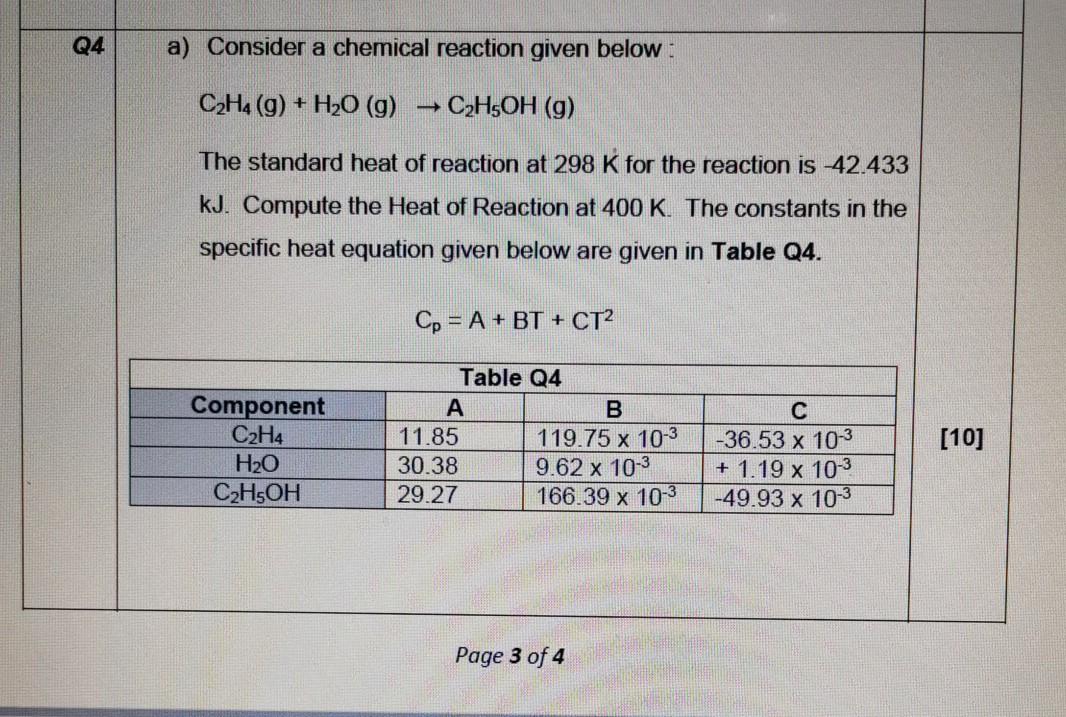 Solved Q4 a Consider a chemical reaction given below C2H4