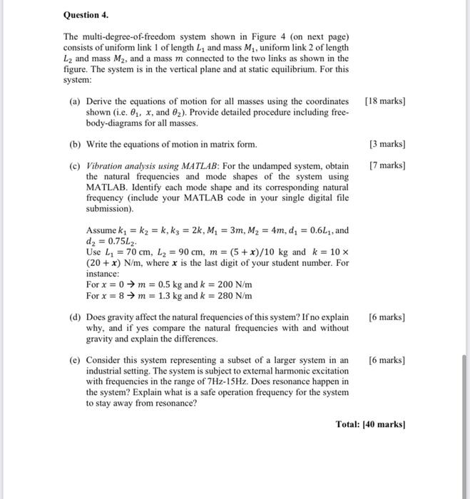 Question 4. The multi-degree-of-freedom system shown | Chegg.com
