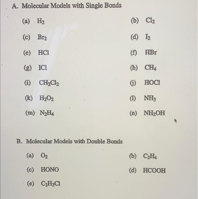 Solved A. Molecular Models with Single Bonds a H2 b Cl2