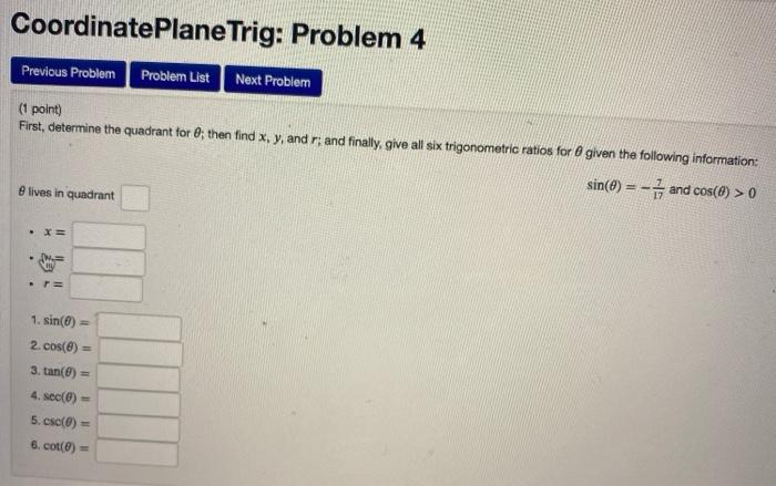 Solved CoordinatePlane Trig: Problem 5 Piou Probiom | Chegg.com
