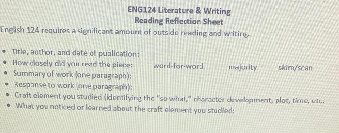 ENG124 Literature & Writing Reading Reflection Sheet | Chegg.com