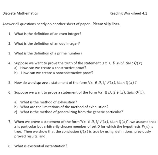 Solved Discrete Mathematics Reading Worksheet 4.1 Answer All | Chegg.com