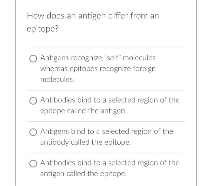 Solved How does an antigen differ from an epitope? Antigens