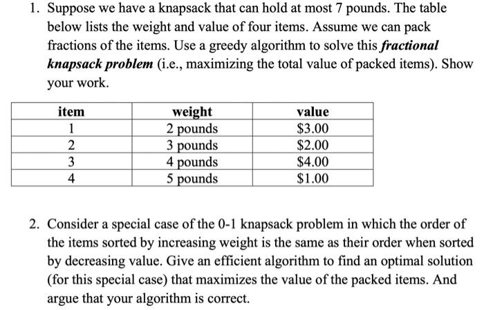 Solved 1. Suppose we have a knapsack that can hold at most 7 | Chegg.com