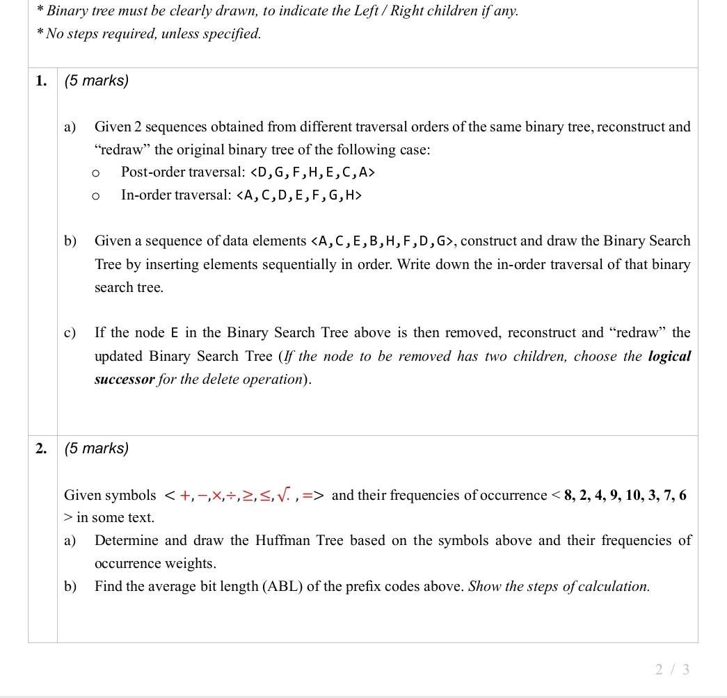 Solved * Binary tree must be clearly drawn, to indicate the | Chegg.com