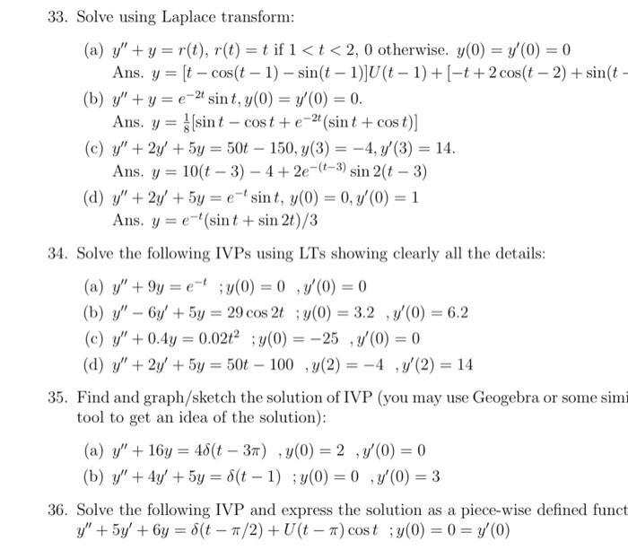 Solved 33. Solve using Laplace transform: (a) | Chegg.com