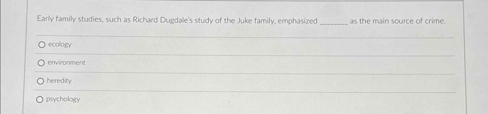 Solved Early family studies, such as Richard Dugdale's study | Chegg.com