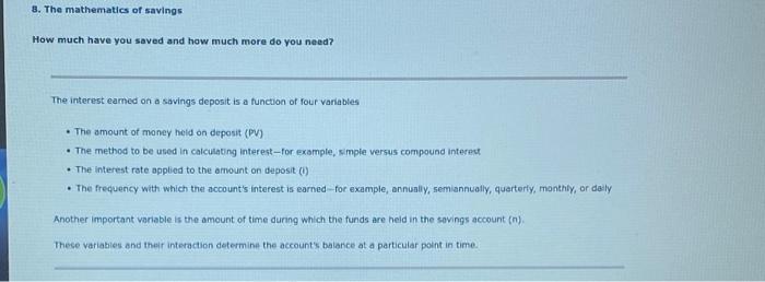 Solved 8. The mathematics of savings How much have you saved | Chegg.com