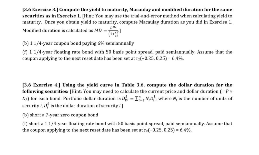 [3.6 Exercise 3.] Compute the yield to maturity, | Chegg.com