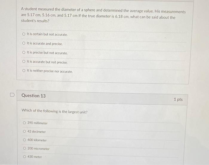 Solved A student measured the diameter of a sphere and | Chegg.com
