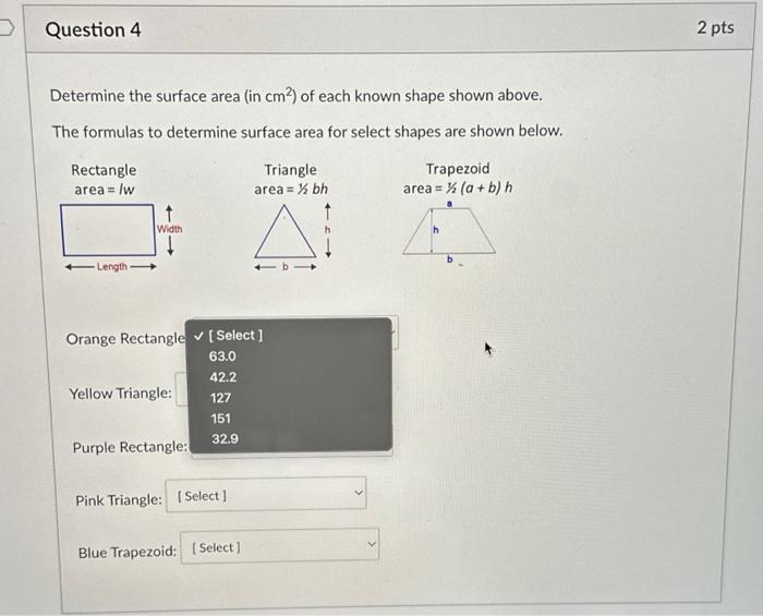 Determine the surface area (in cm2 ) of each known
