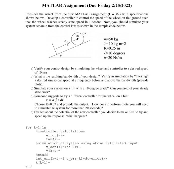 Solved MATLAB Assignment (Due Friday 2/25/2022) Consider the