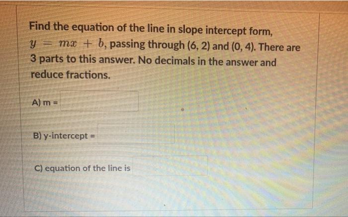 Solved Find the equation of the line in slope intercept | Chegg.com